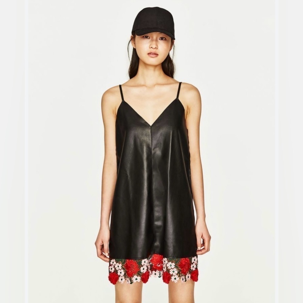 Zara-Faux Leather Slip Dress With floral Appliqué Trim Detail (Size:Large)